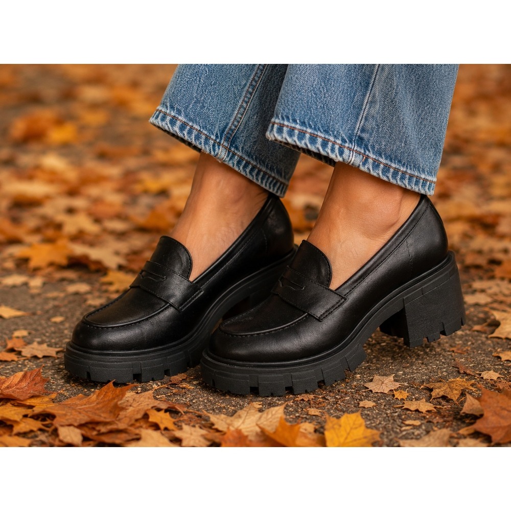 Cushionaire Black Penny Loafers Lug Sole Platform Block Heel Memory Foam 9M